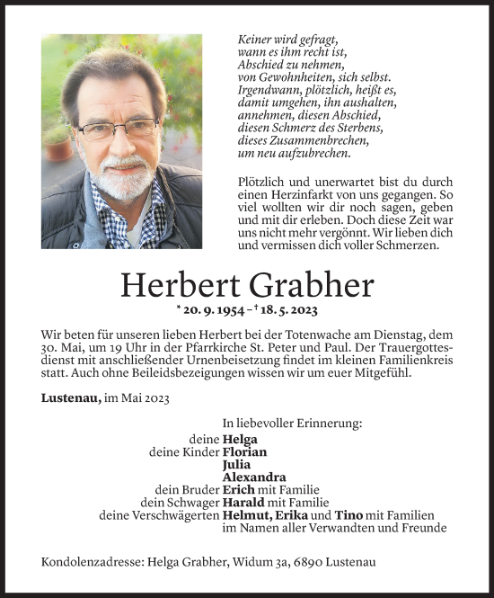 Todesanzeige von Herbert Grabher von Vorarlberger Nachrichten