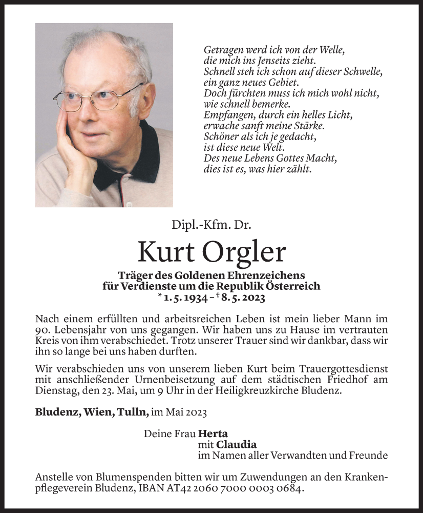  Todesanzeige für Kurt Orgler vom 19.05.2023 aus Vorarlberger Nachrichten