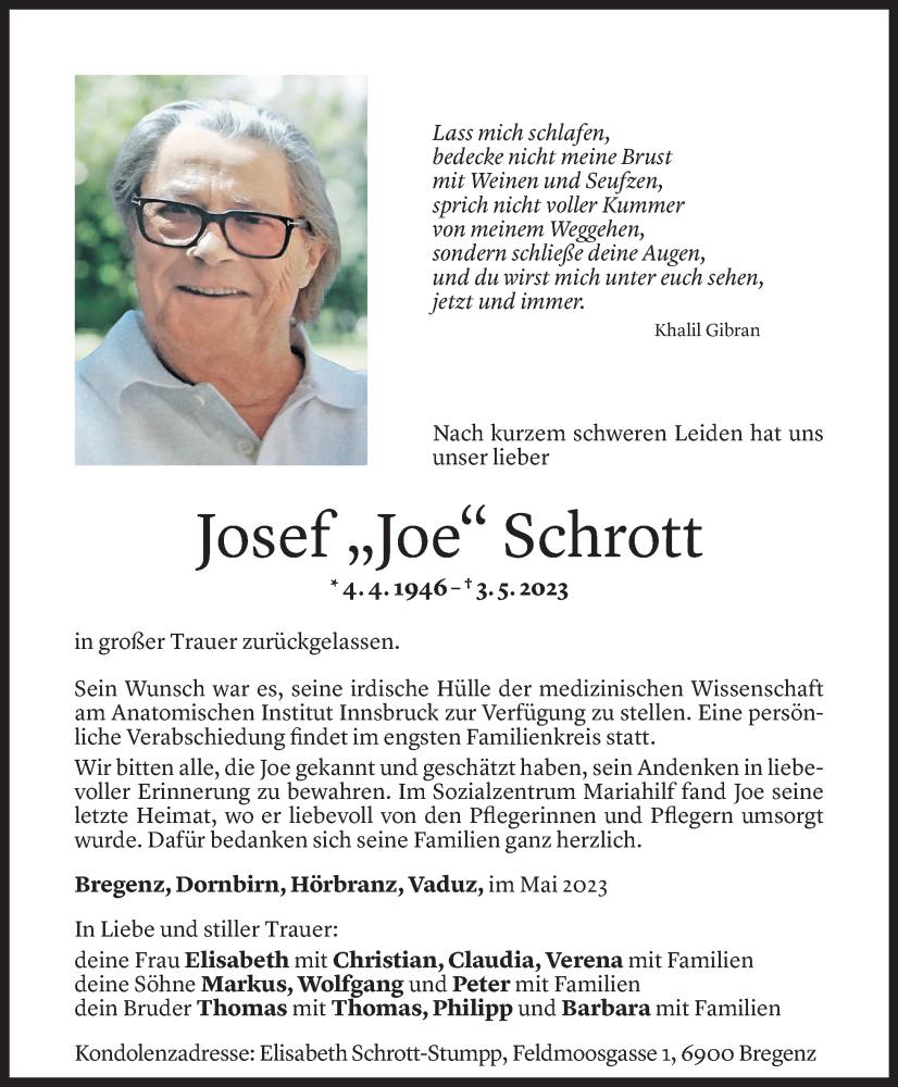  Todesanzeige für Josef Schrott vom 06.05.2023 aus Vorarlberger Nachrichten