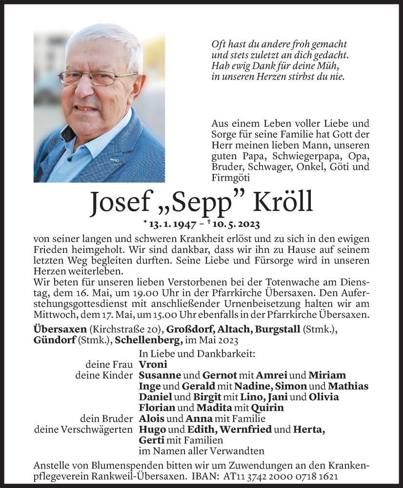  Todesanzeige für Josef Kröll vom 13.05.2023 aus Vorarlberger Nachrichten