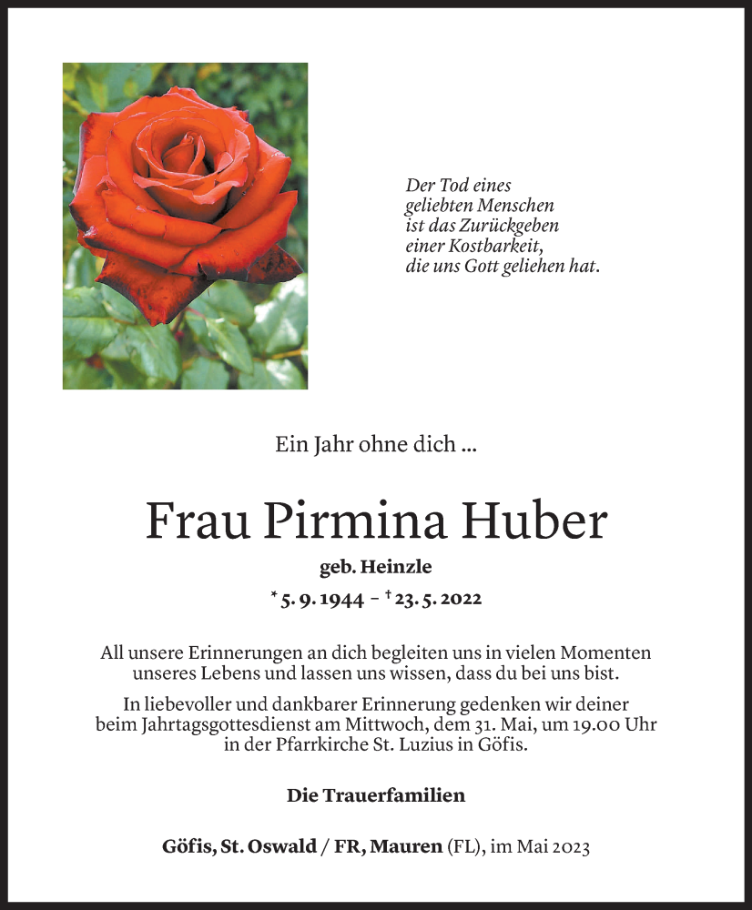  Todesanzeige für Pirmina Huber vom 23.05.2023 aus Vorarlberger Nachrichten