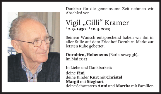Todesanzeige von Vigil Kramer von Vorarlberger Nachrichten
