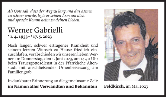 Todesanzeige von Werner Gabrielli von Vorarlberger Nachrichten