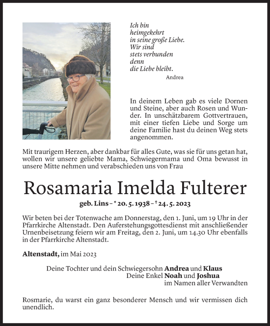 Todesanzeige von Rosamaria Imelda Fulterer von Vorarlberger Nachrichten
