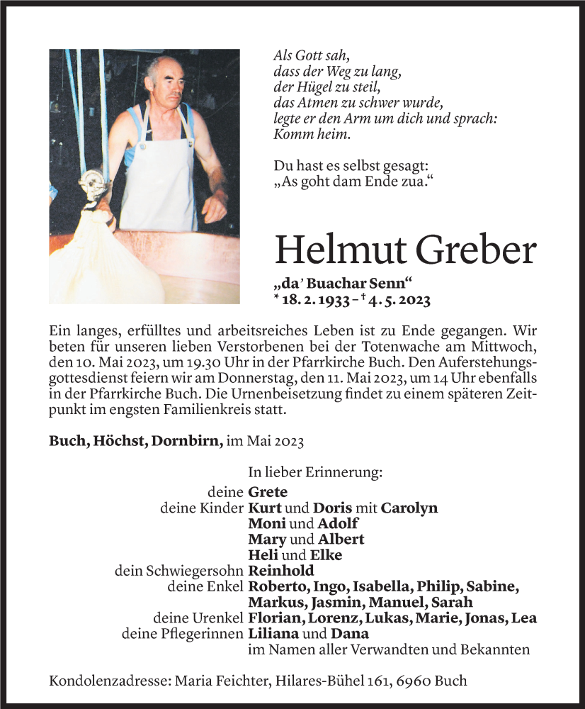  Todesanzeige für Helmut Greber vom 07.05.2023 aus Vorarlberger Nachrichten