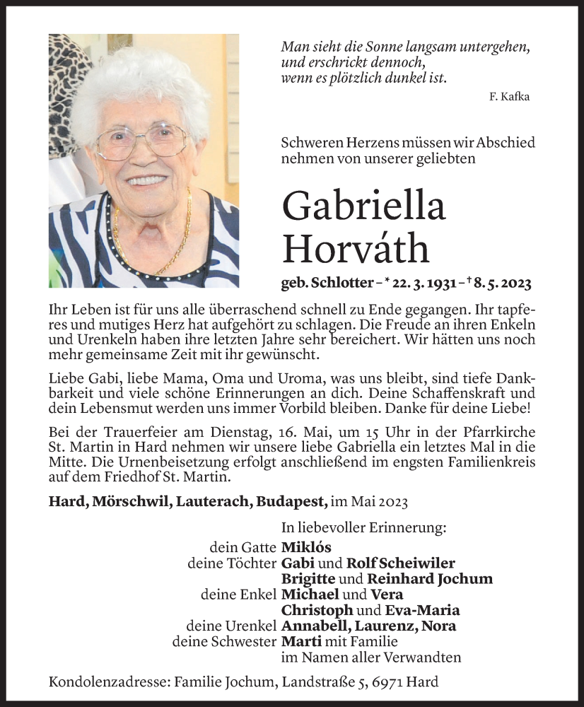  Todesanzeige für Gabriella Horvath vom 12.05.2023 aus Vorarlberger Nachrichten