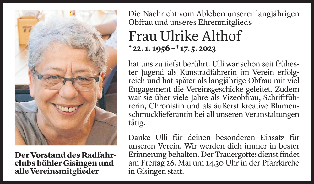  Todesanzeige für Ulrike Althof vom 25.05.2023 aus Vorarlberger Nachrichten