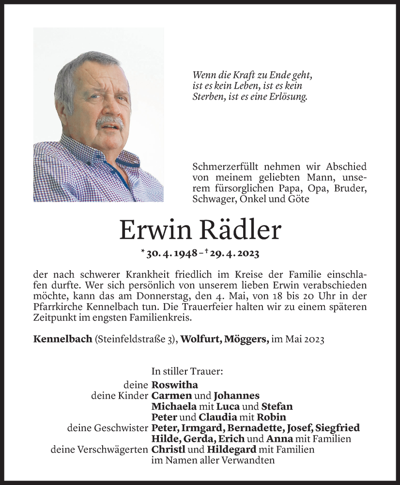 Todesanzeige für Erwin Rädler vom 03.05.2023 aus Vorarlberger Nachrichten