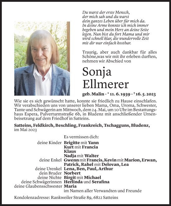 Todesanzeige von Sonja Ellmerer von Vorarlberger Nachrichten