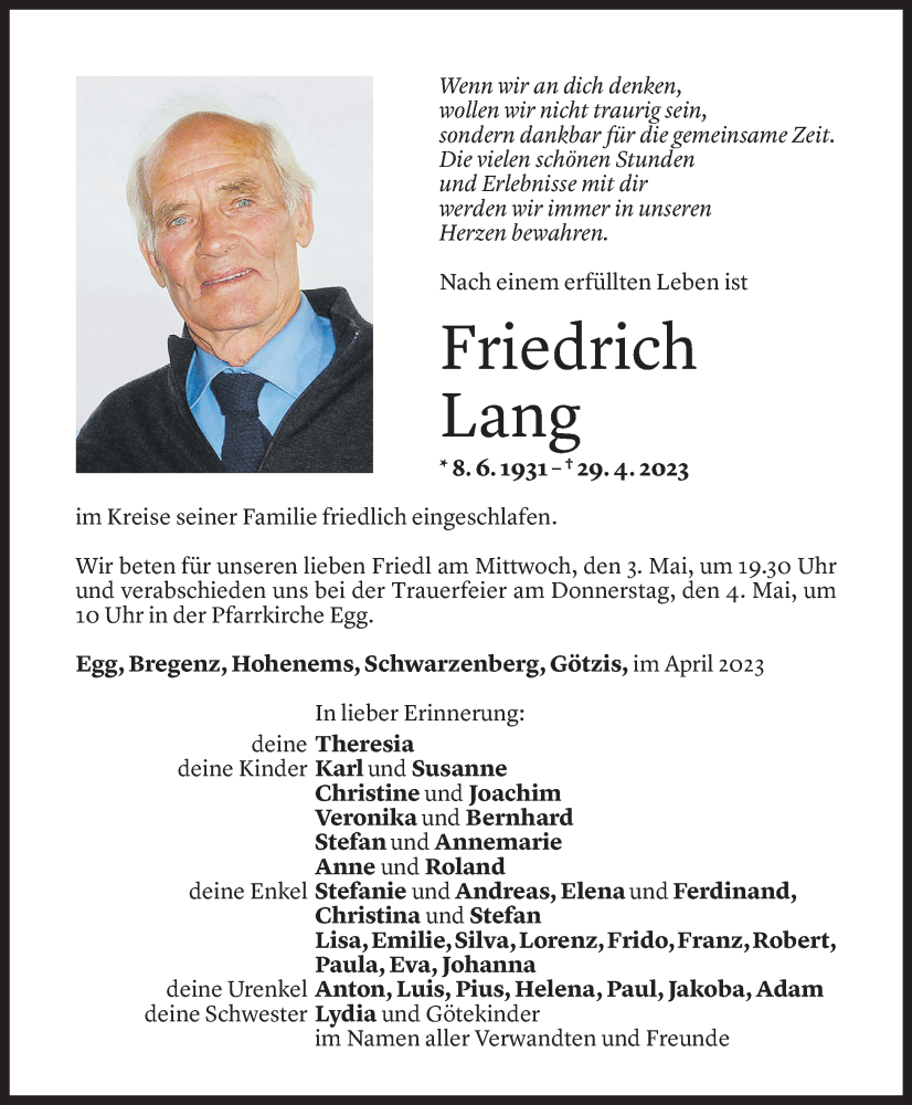  Todesanzeige für Friedrich Lang vom 01.05.2023 aus Vorarlberger Nachrichten