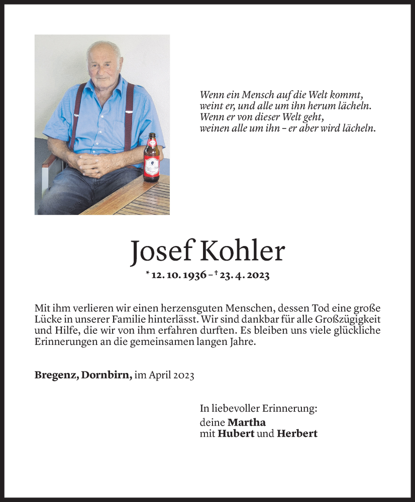  Todesanzeige für Josef Kohler vom 02.05.2023 aus Vorarlberger Nachrichten