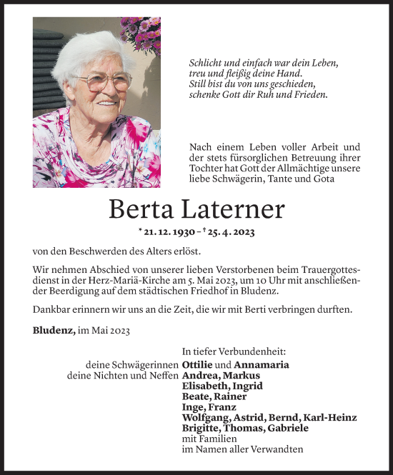 Todesanzeige von Berta Laterner von Vorarlberger Nachrichten