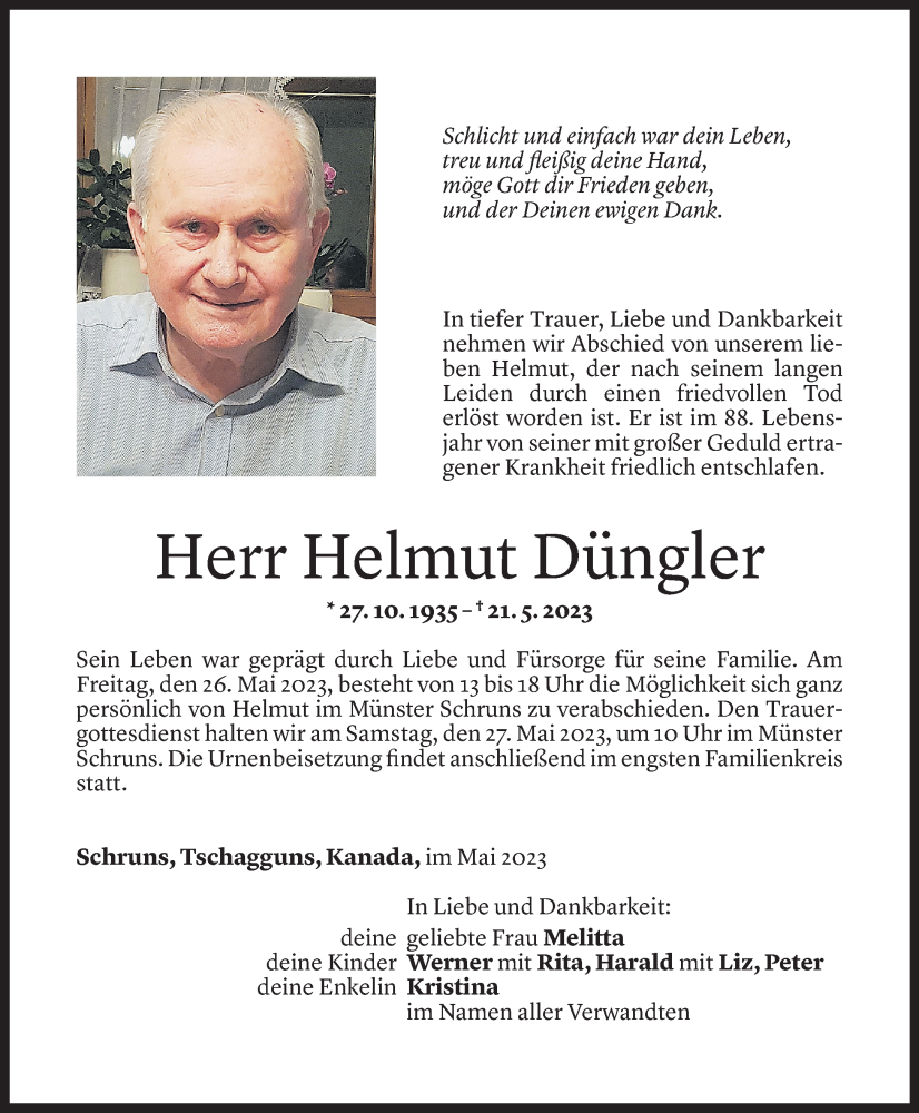  Todesanzeige für Helmut Düngler vom 24.05.2023 aus Vorarlberger Nachrichten
