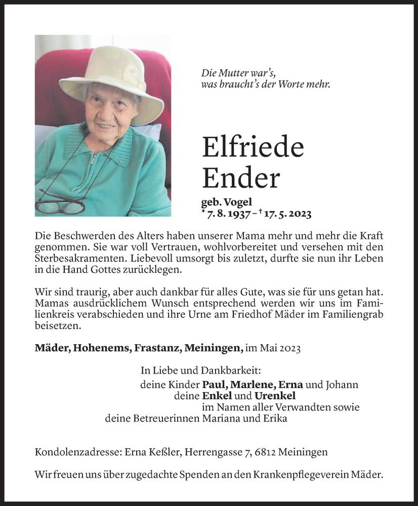  Todesanzeige für Elfriede Ender vom 20.05.2023 aus Vorarlberger Nachrichten