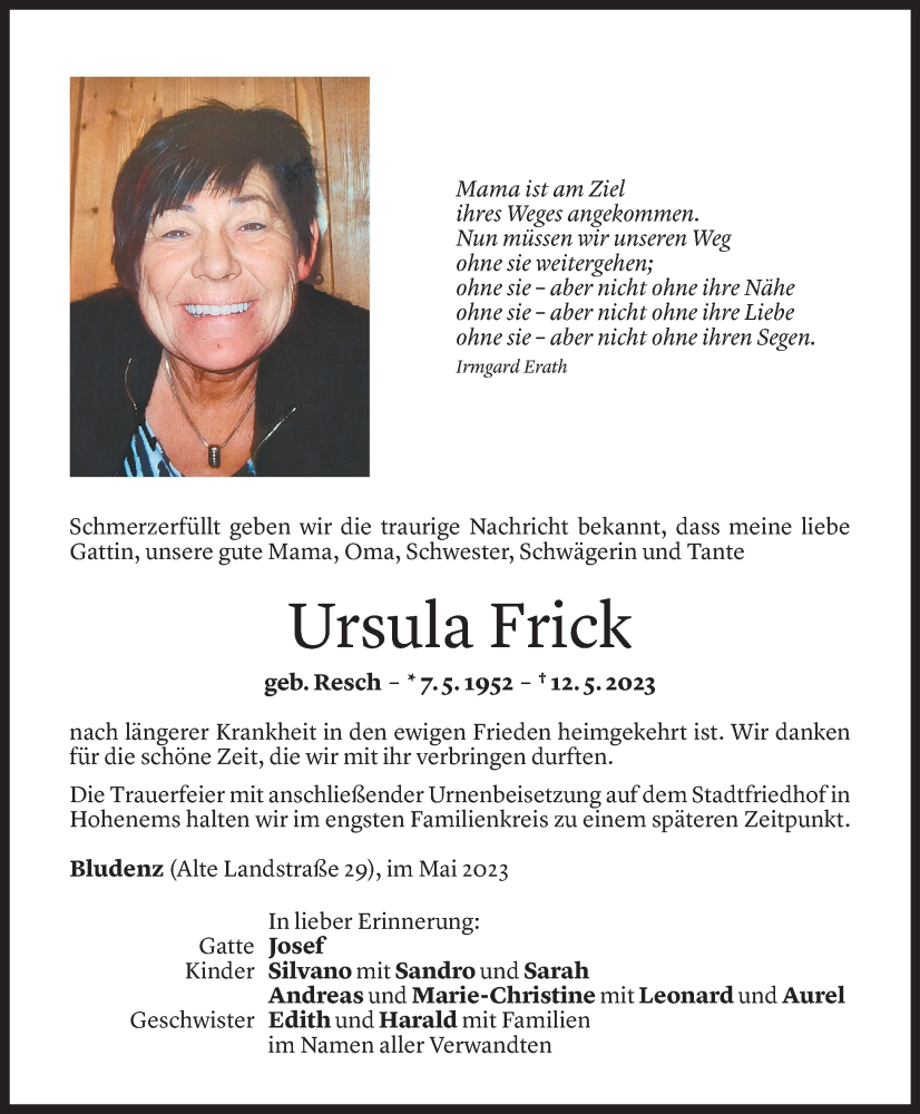  Todesanzeige für Ursula Frick vom 20.05.2023 aus Vorarlberger Nachrichten