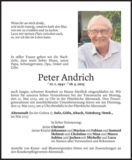 Todesanzeige von Peter Andrich von Vorarlberger Nachrichten