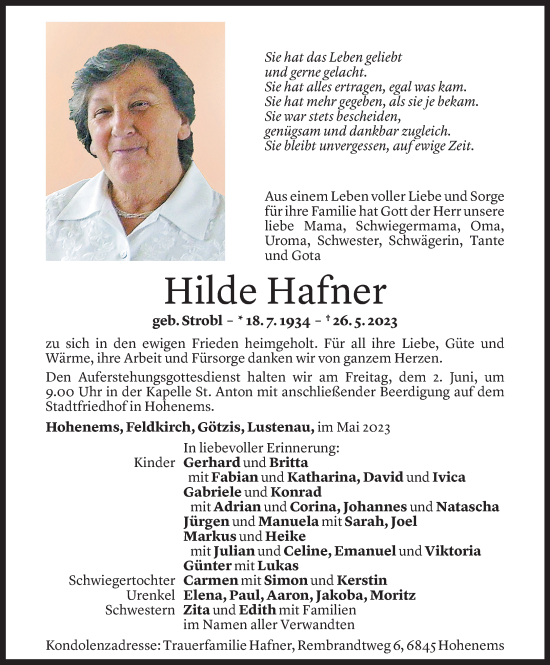 Todesanzeige von Hilde Hafner von Vorarlberger Nachrichten