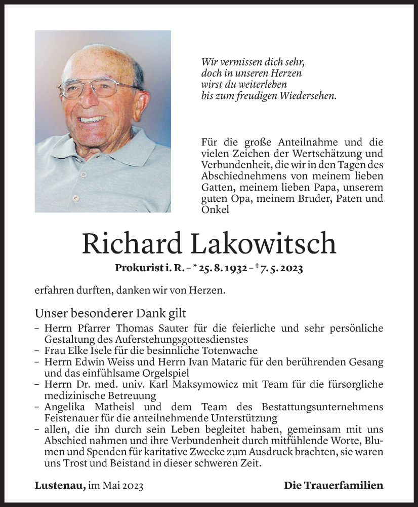  Todesanzeige für Richard Lakowitsch vom 07.06.2023 aus Vorarlberger Nachrichten