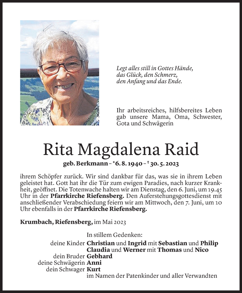  Todesanzeige für Rita Magdalena  Raid vom 04.06.2023 aus Vorarlberger Nachrichten