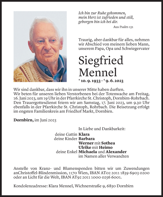Todesanzeige von Siegfried Mennel von Vorarlberger Nachrichten
