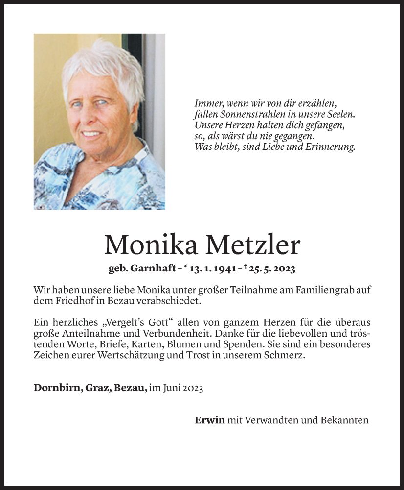  Todesanzeige für Monika Metzler vom 20.06.2023 aus Vorarlberger Nachrichten