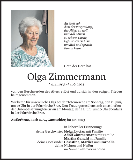 Todesanzeige von Olga Zimmermann von Vorarlberger Nachrichten