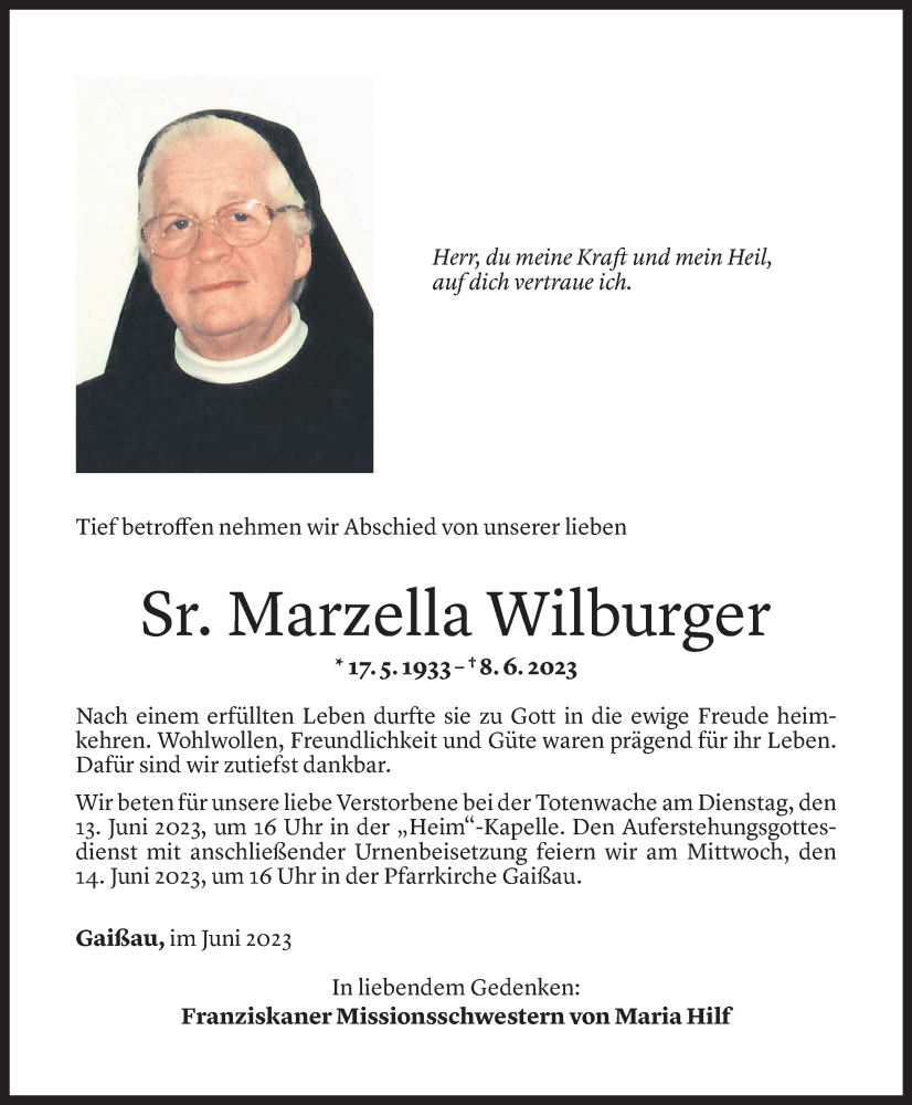 Todesanzeige für Marzella Wilburger vom 09.06.2023 aus Vorarlberger Nachrichten