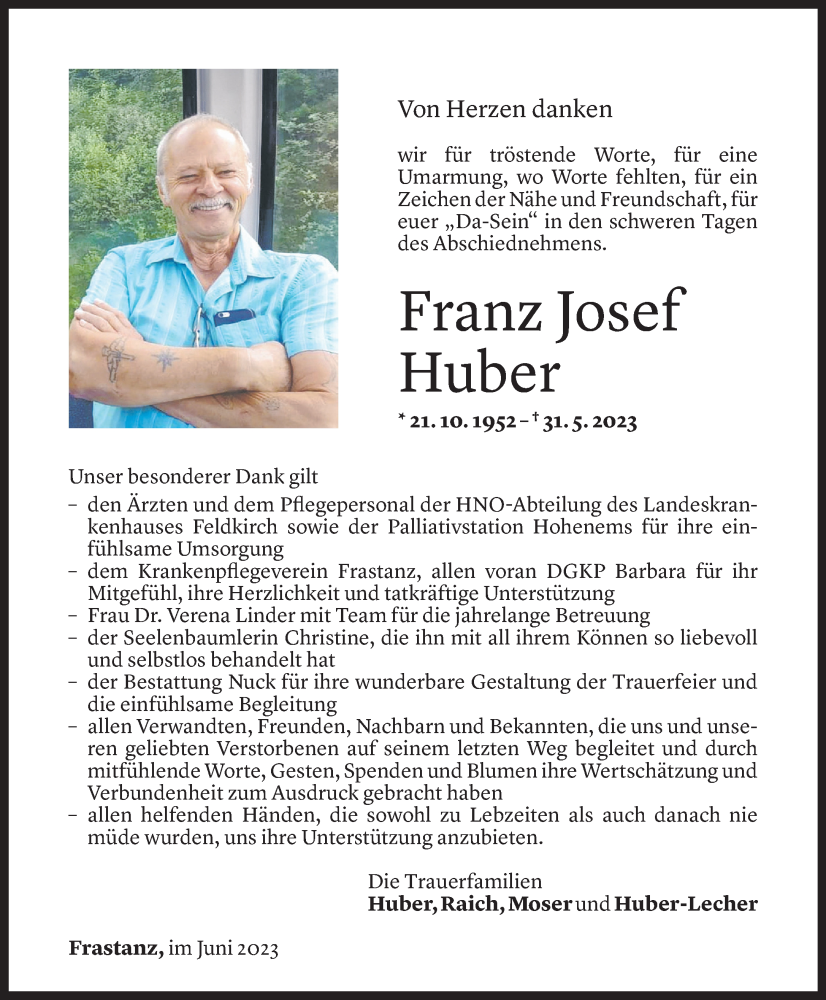  Todesanzeige für Franz Josef Huber vom 17.06.2023 aus Vorarlberger Nachrichten