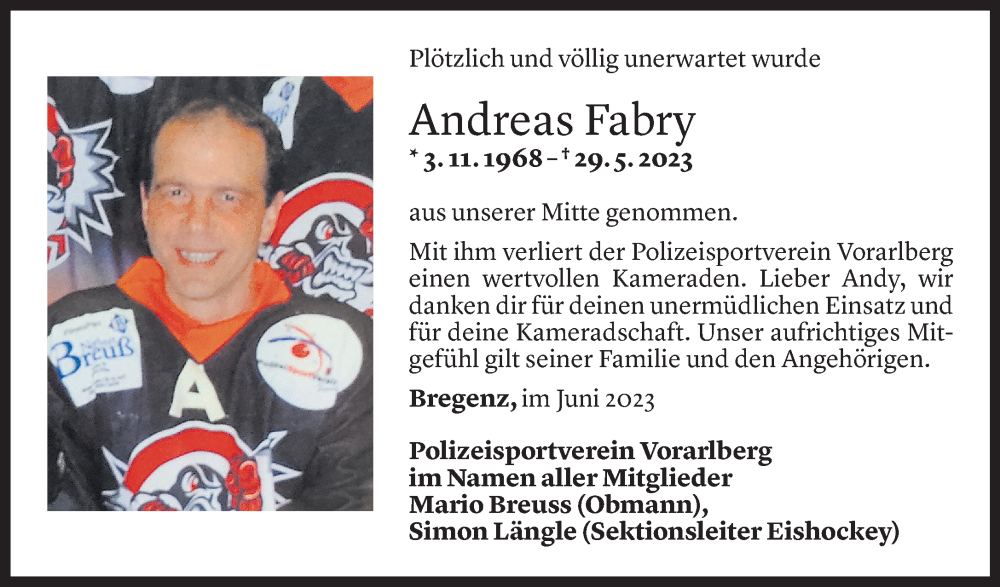  Todesanzeige für Andreas Fabry vom 08.06.2023 aus Vorarlberger Nachrichten