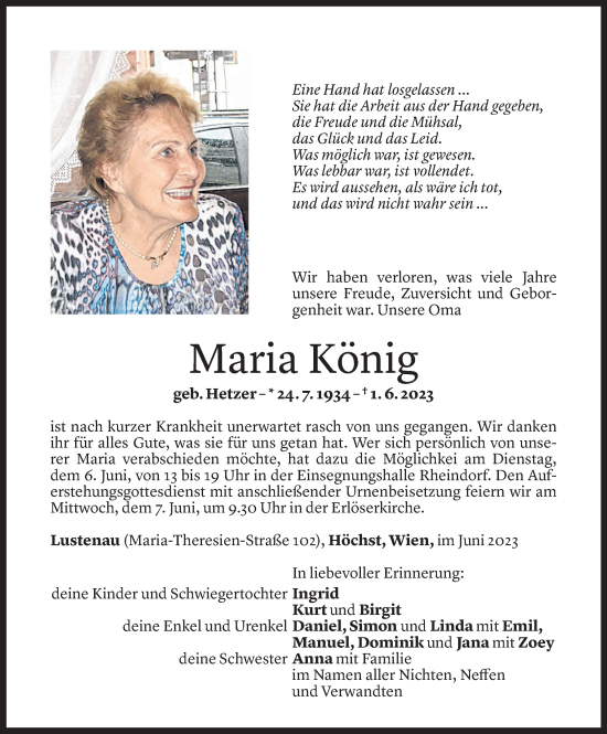Todesanzeige von Maria König von Vorarlberger Nachrichten