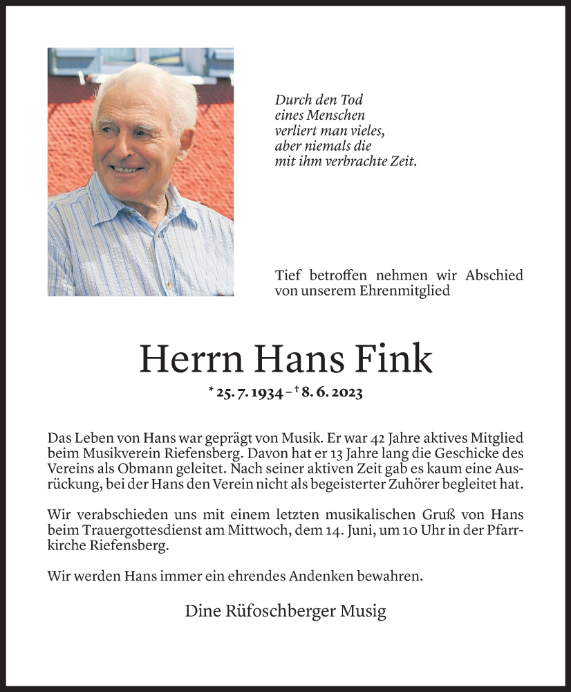  Todesanzeige für Hans Fink vom 11.06.2023 aus Vorarlberger Nachrichten