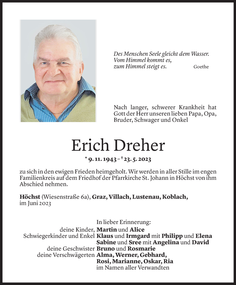  Todesanzeige für Erich Dreher vom 07.06.2023 aus Vorarlberger Nachrichten