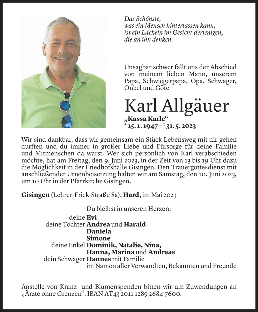  Todesanzeige für Karl Allgäuer vom 07.06.2023 aus Vorarlberger Nachrichten