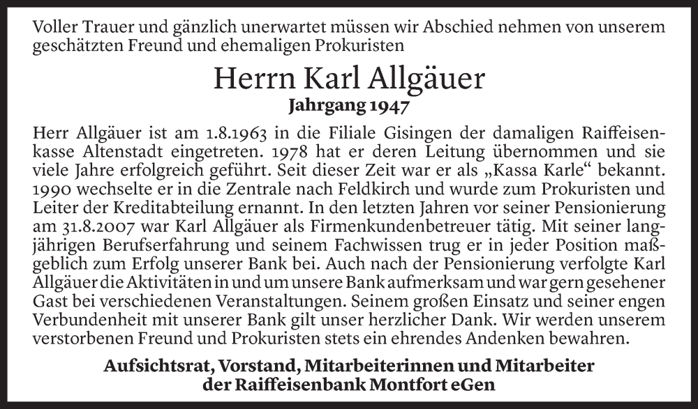  Todesanzeige für Karl Allgäuer vom 07.06.2023 aus Vorarlberger Nachrichten