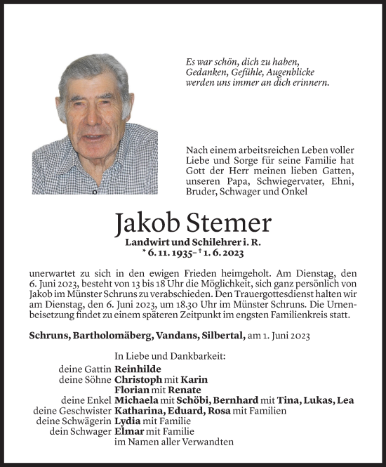 Todesanzeige von Jakob Stemer von Vorarlberger Nachrichten