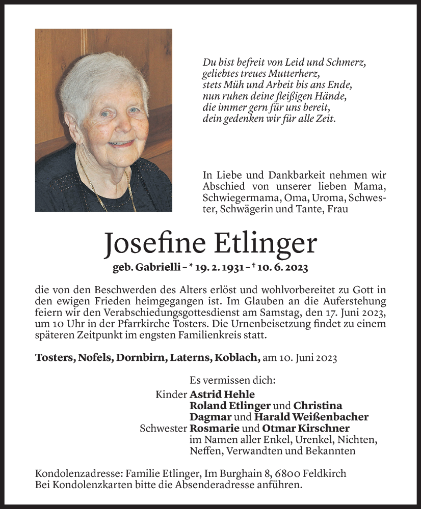  Todesanzeige für Josefine Etlinger vom 15.06.2023 aus Vorarlberger Nachrichten