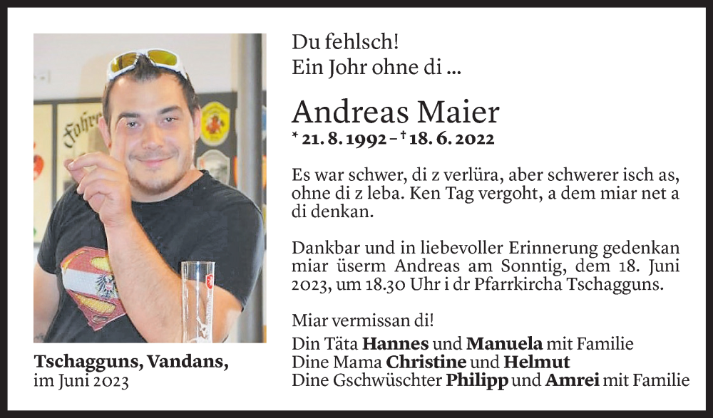  Todesanzeige für Andreas Maier vom 16.06.2023 aus Vorarlberger Nachrichten