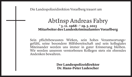 Todesanzeige von Andreas Fabry von Vorarlberger Nachrichten