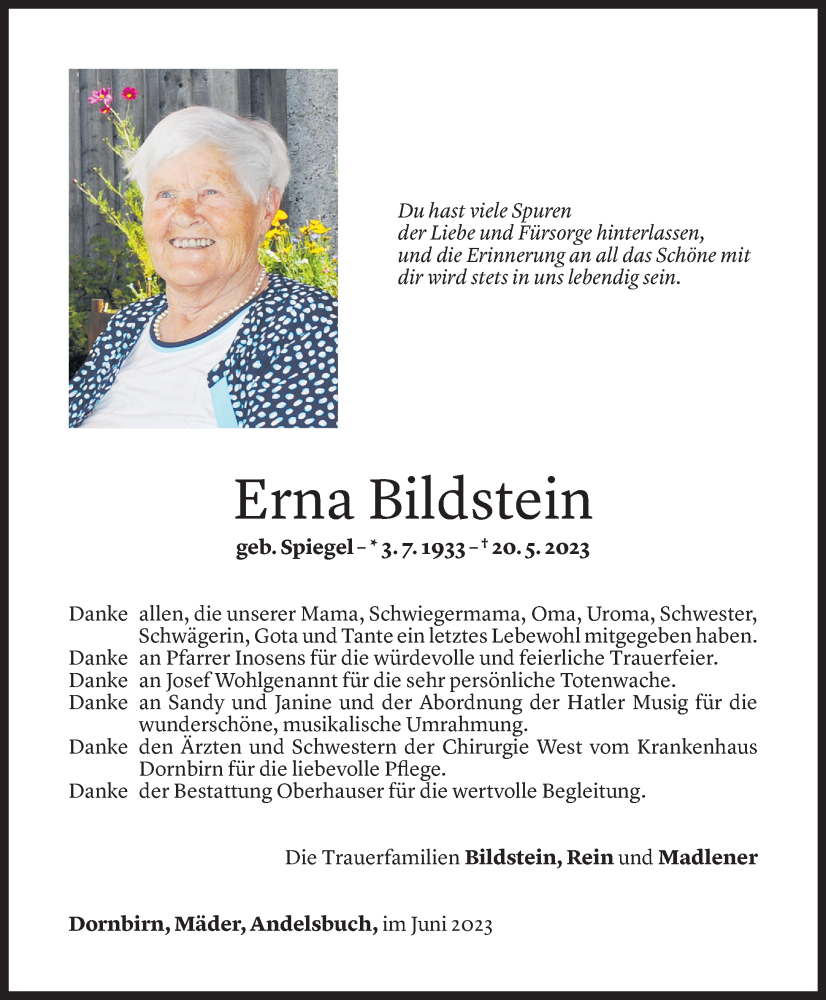  Todesanzeige für Erna Bildstein vom 26.06.2023 aus Vorarlberger Nachrichten