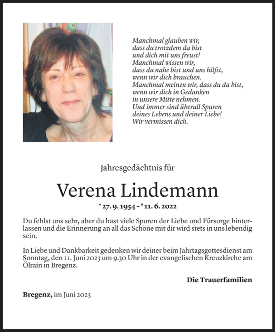 Todesanzeige von Verena Lindemann von Vorarlberger Nachrichten