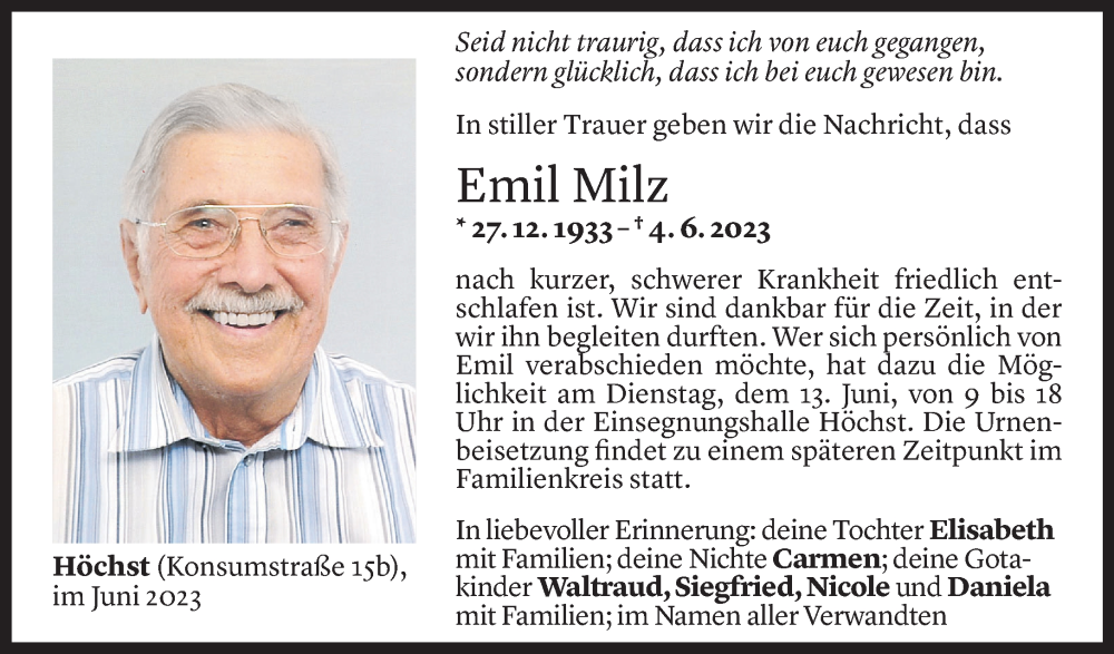  Todesanzeige für Emil Milz vom 10.06.2023 aus Vorarlberger Nachrichten