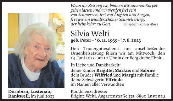 Todesanzeige von Silvia Welti von Vorarlberger Nachrichten