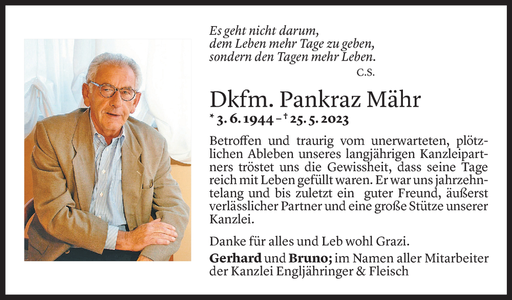  Todesanzeige für Pankraz Mähr vom 05.06.2023 aus Vorarlberger Nachrichten