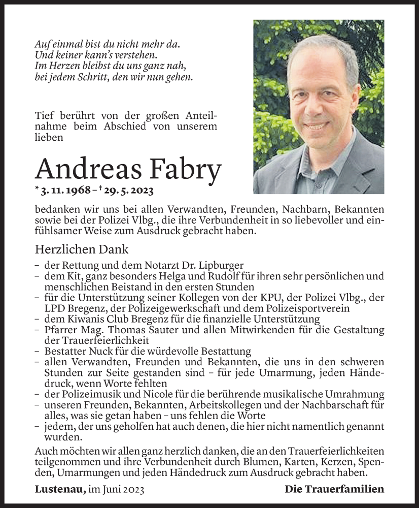  Todesanzeige für Andreas Fabry vom 27.06.2023 aus Vorarlberger Nachrichten