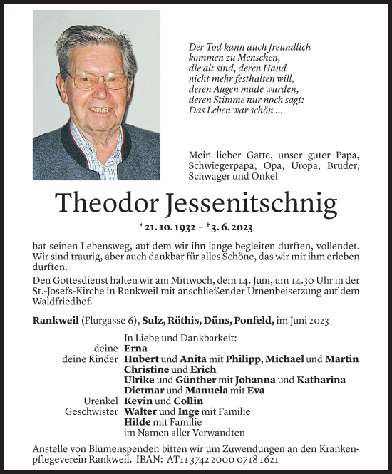 Todesanzeige von Theodor Jessenitschnig von Vorarlberger Nachrichten