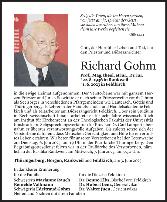 Todesanzeige von Richard Gohm von Vorarlberger Nachrichten