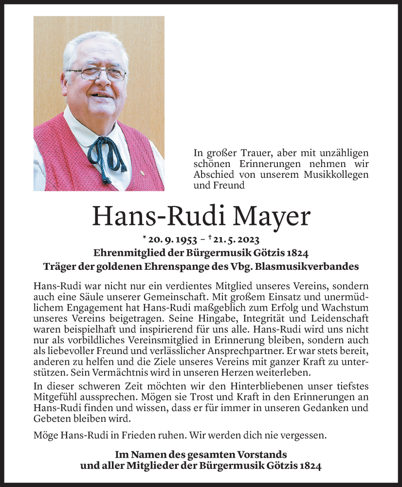  Todesanzeige für Hans-Rudi Mayer vom 06.06.2023 aus Vorarlberger Nachrichten