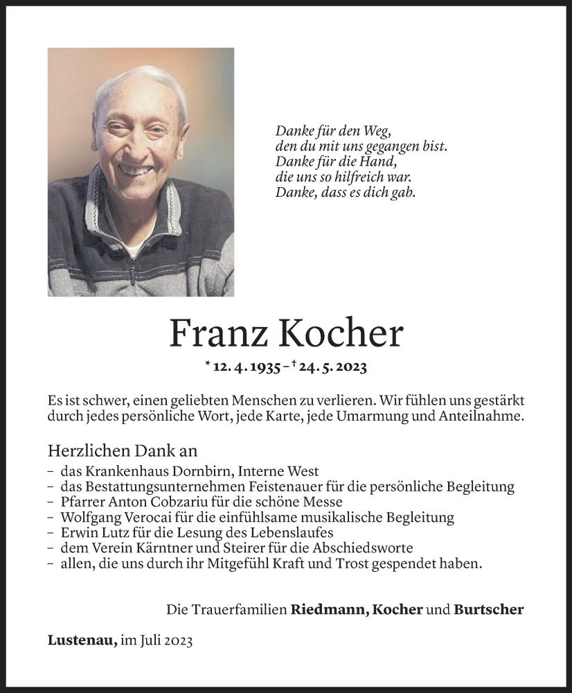  Todesanzeige für Franz Kocher vom 30.06.2023 aus Vorarlberger Nachrichten