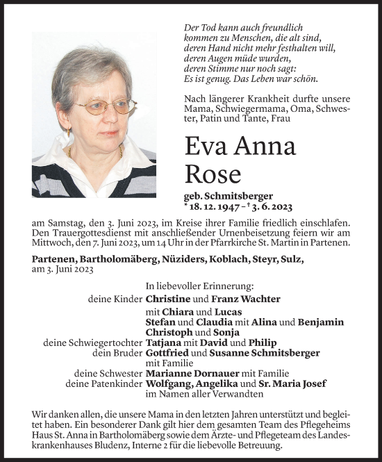 Todesanzeige von Eva Anna Rose von Vorarlberger Nachrichten