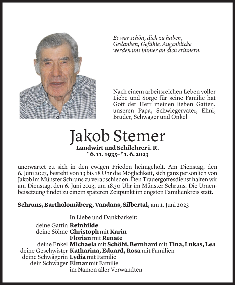  Todesanzeige für Jakob Stemer vom 03.06.2023 aus Vorarlberger Nachrichten